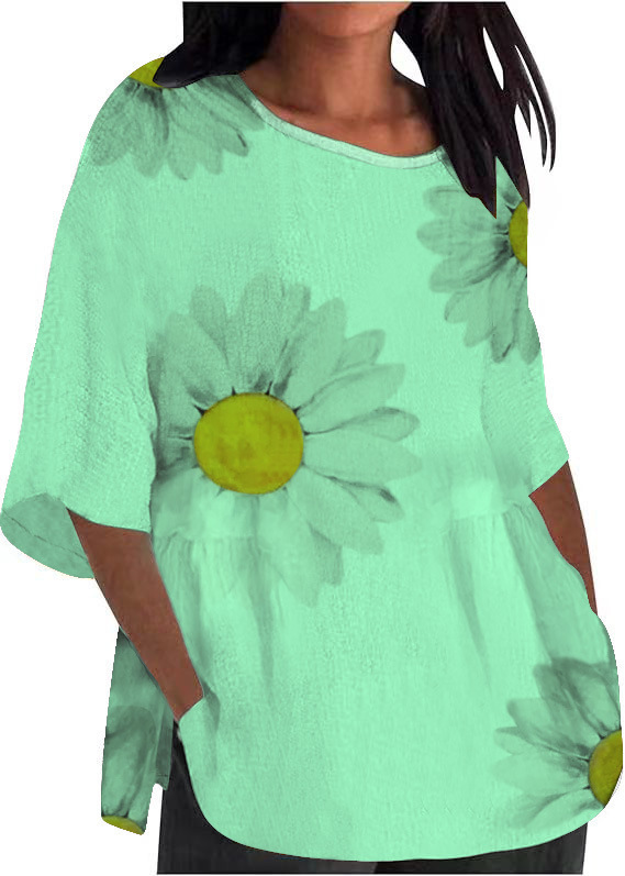 Chrysanthemum Print Round Neck 3/4 Sleeve T-Shirt for Women