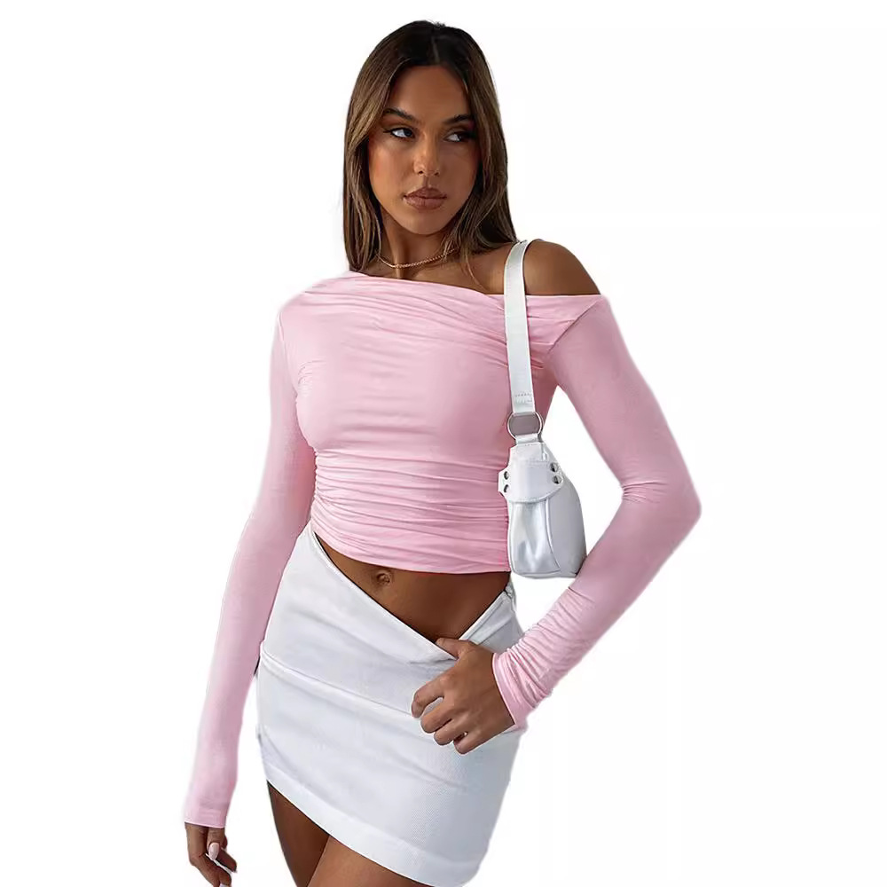 Women's One-Shoulder Long-Sleeve Ruched Crop Top