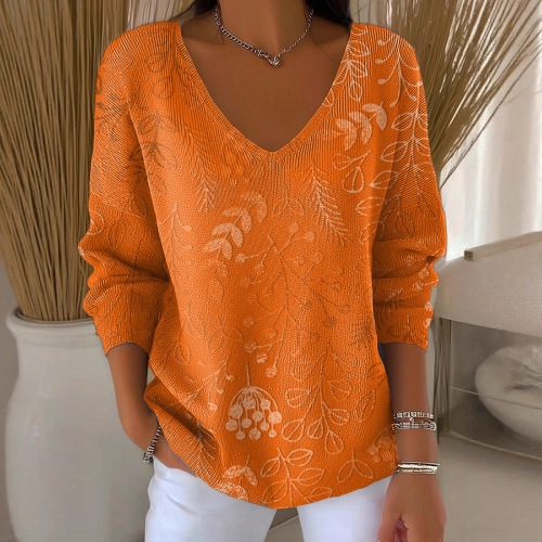 Maple Leaf Print V-Neck Long Sleeve T-Shirt