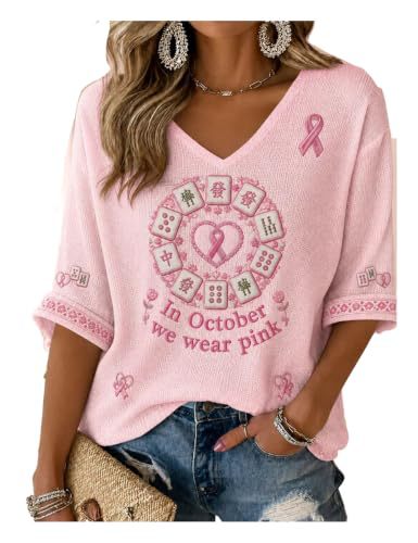 Ribbon Floral Mahjong Print V-Neck Mid-Sleeve T-Shirt