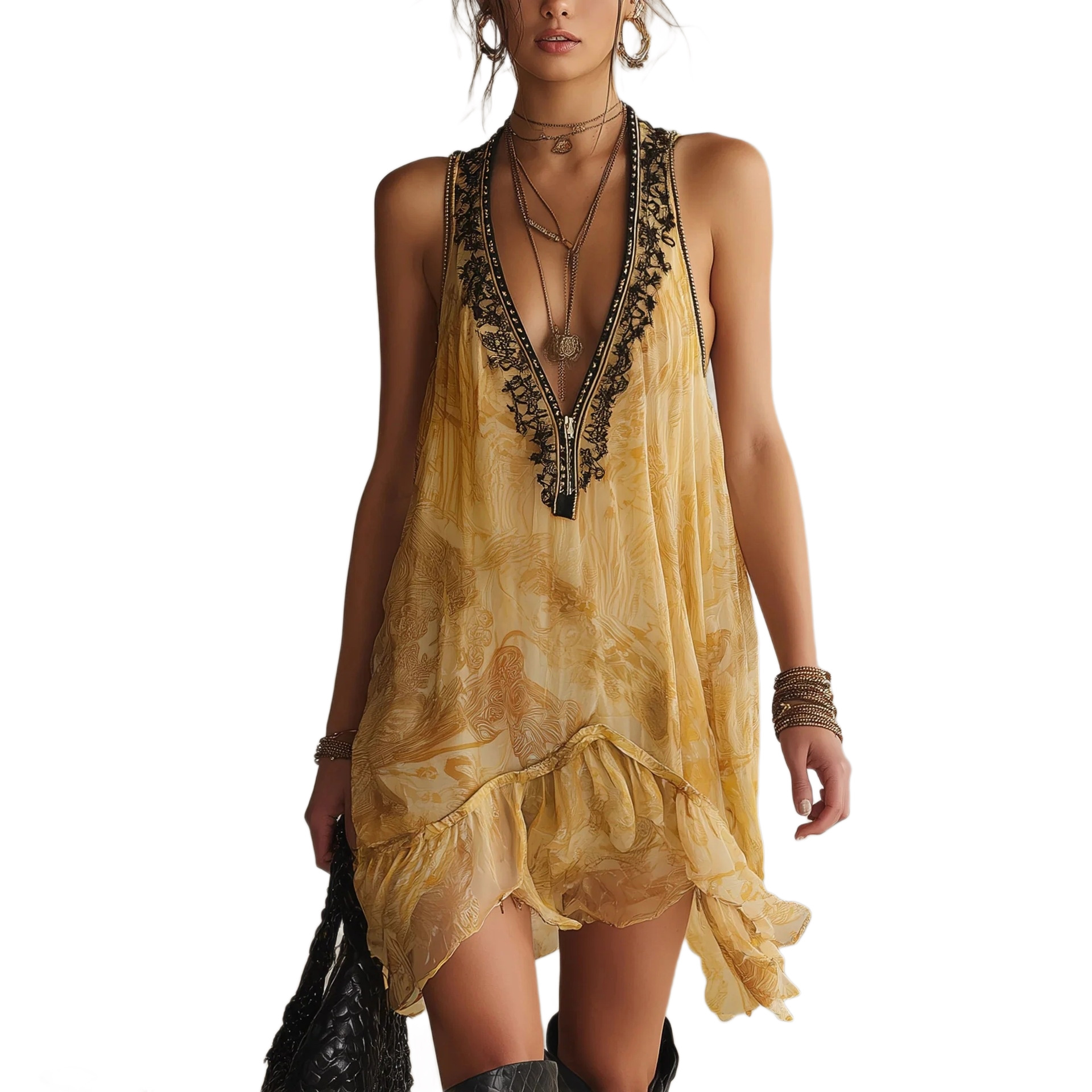 Yellow Floral Print V-Neck Lace Trim Cami Dress with Asymmetric Hem