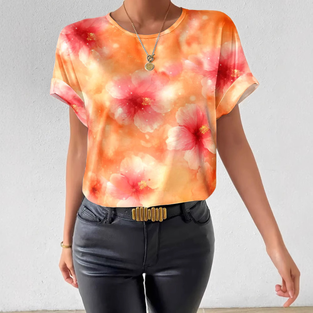 Tie-Dye Floral Crewneck Short-Sleeve Pullover Top