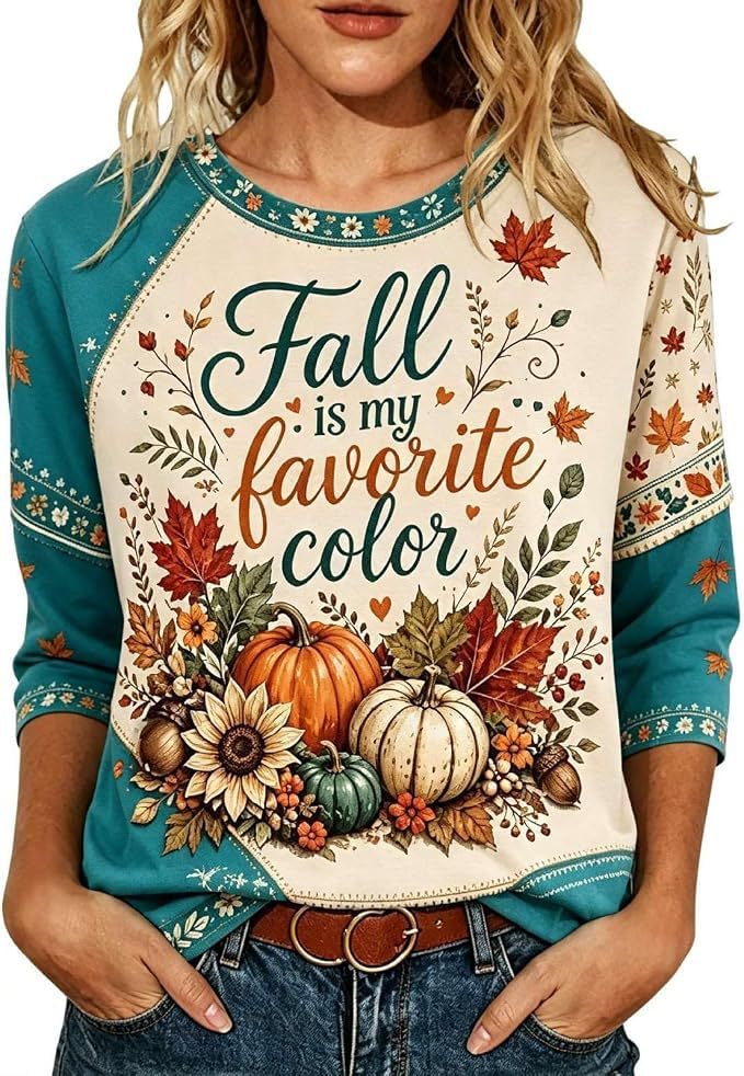 Pumpkin Floral Maple Leaf Letter Print Long Sleeve Women's Top