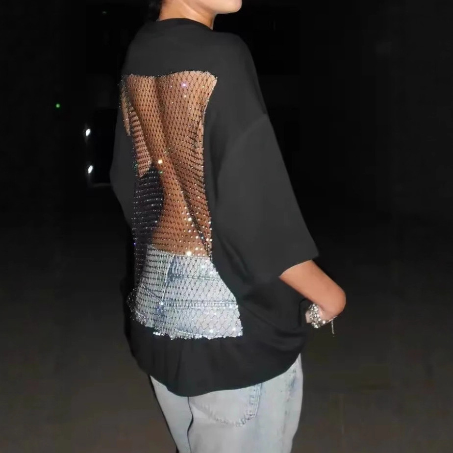 Women's Solid Crewneck Mid-Sleeve Loose Open-Back Mesh Top