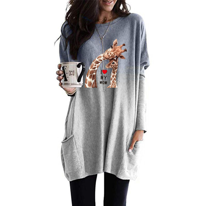 Giraffe Print Crewneck Long Sleeve Pullover T-Shirt