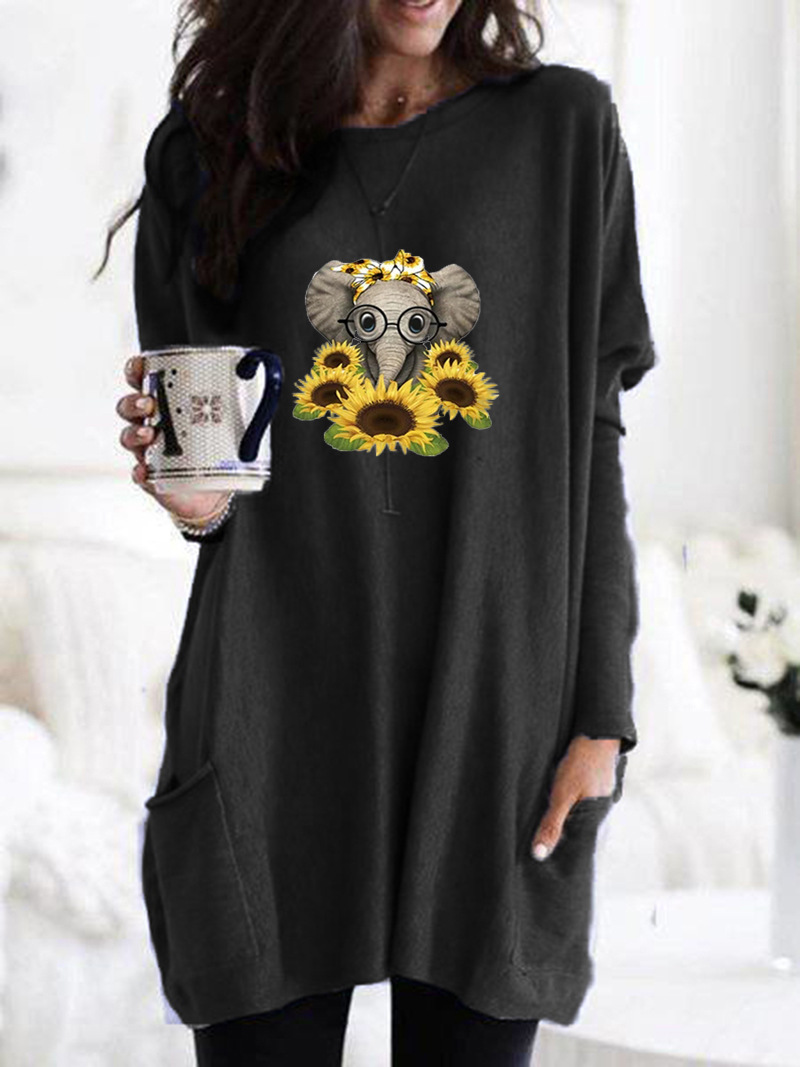 Women's Long Sleeve Loose Crewneck Elephant Print Pocket T-Shirt