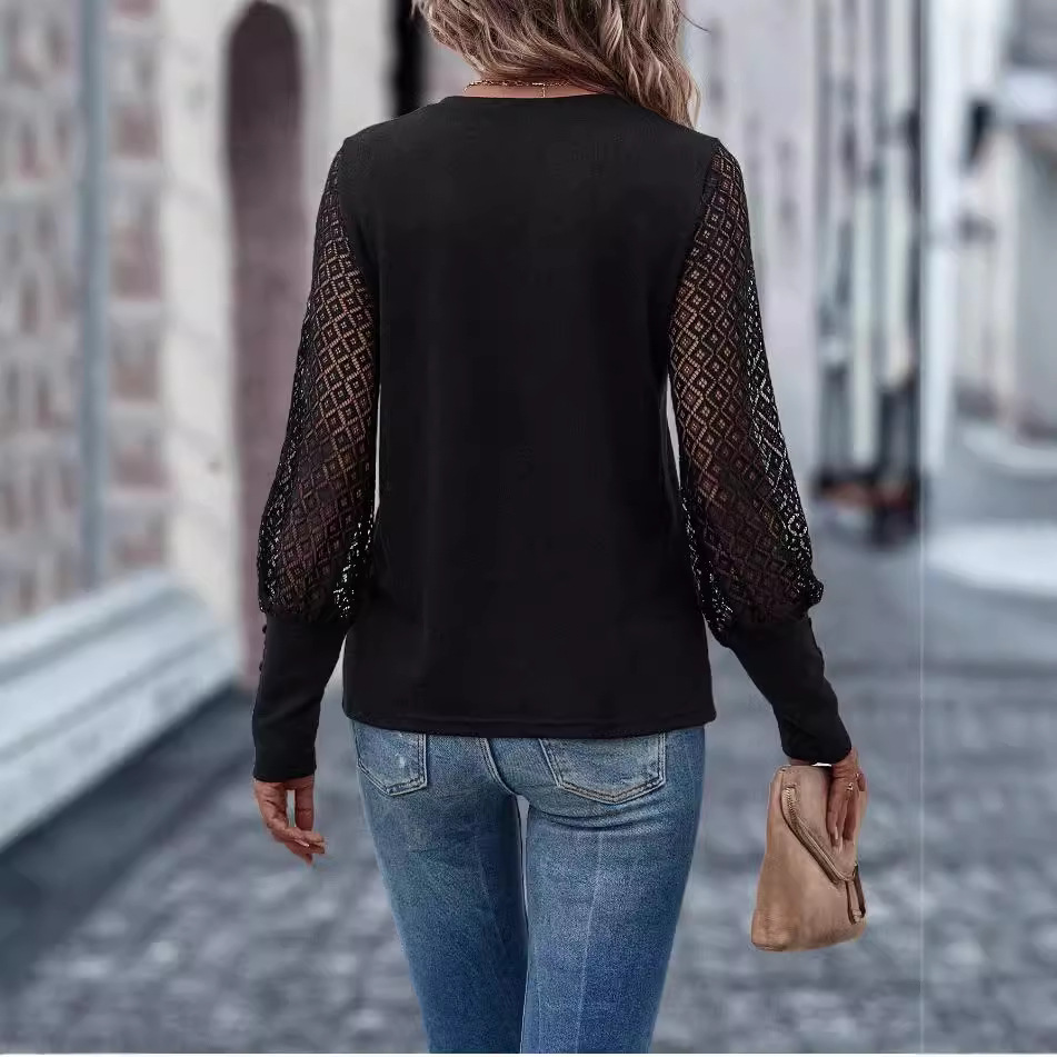 Women's Solid Color Lace Crewneck Long-Sleeve Pullover Top