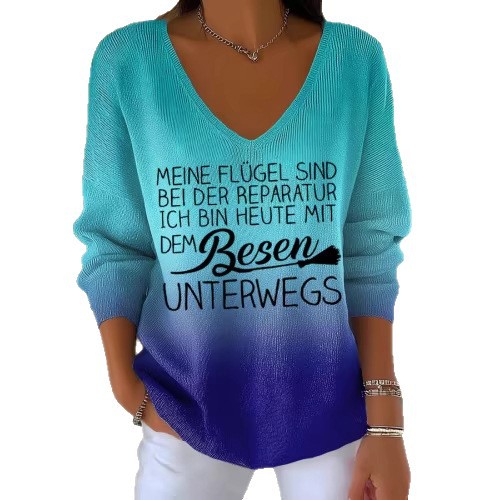 Women's Fruit Letter Valley Print V-Neck Long-Sleeve T-Shirt