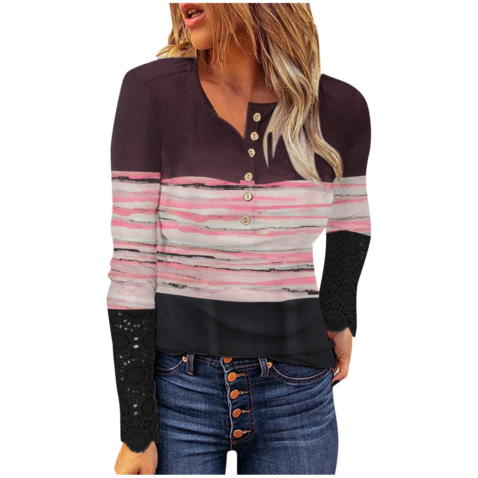 Lace Spliced Long Sleeve Ribbed Slim Fit Button Print Women's T-Shirt