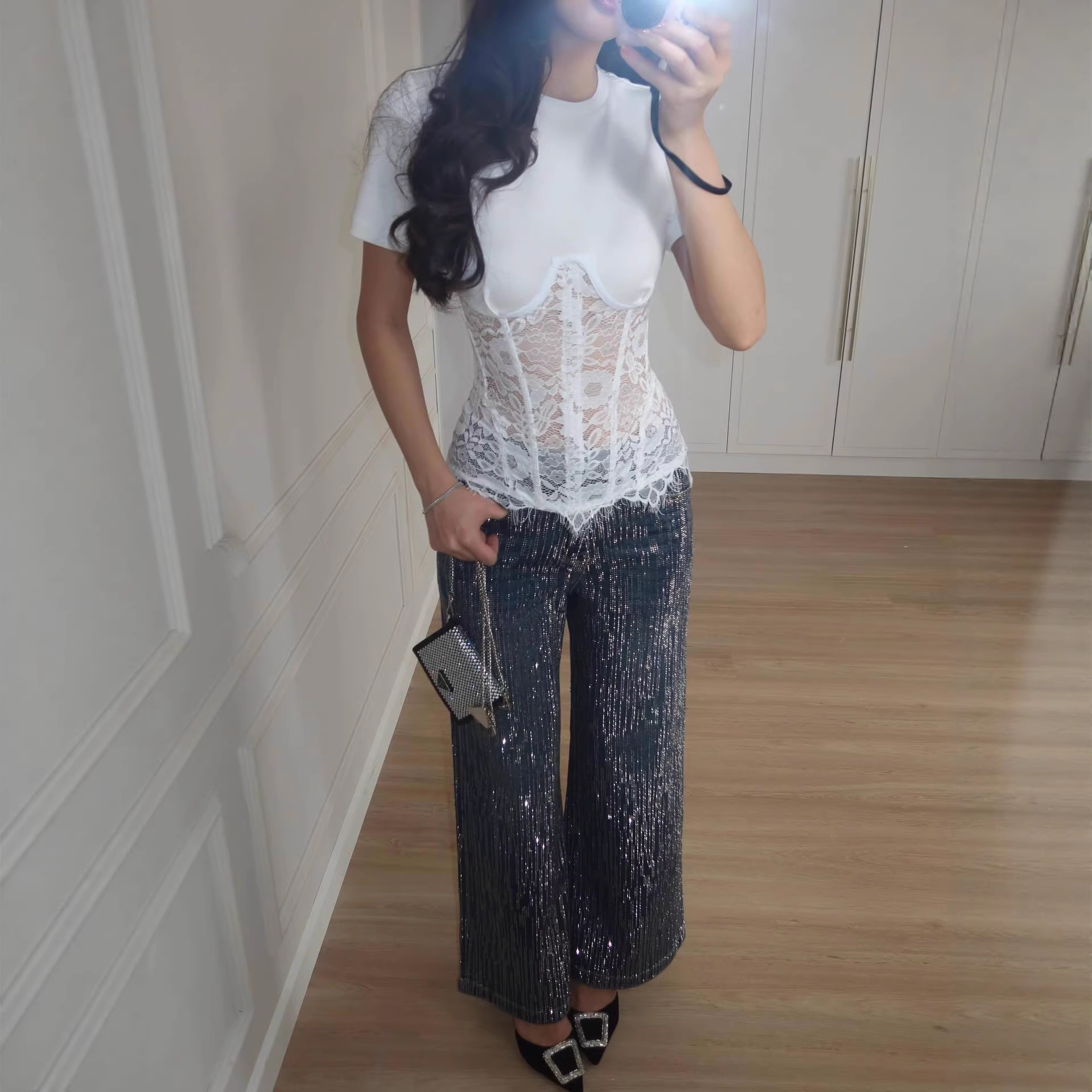 Solid Lace Panel Round Neck Short Sleeve Sheer Top