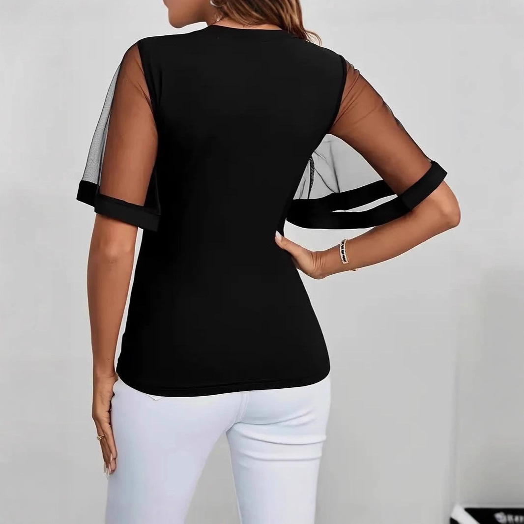 Women's Sheer Mesh Bell Sleeve Top Casual Stretch Black