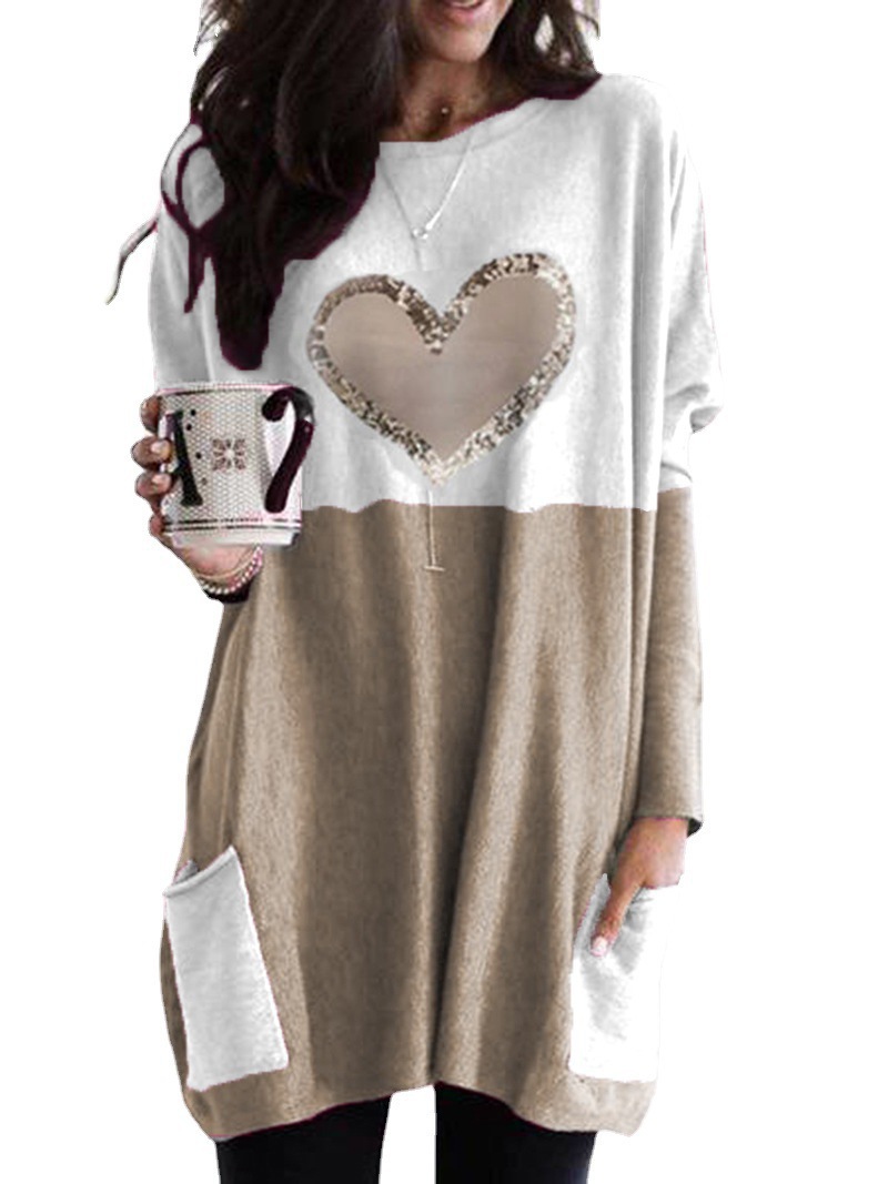 Heart Print Colorblock Long Sleeve Crewneck Loose T-Shirt for Women