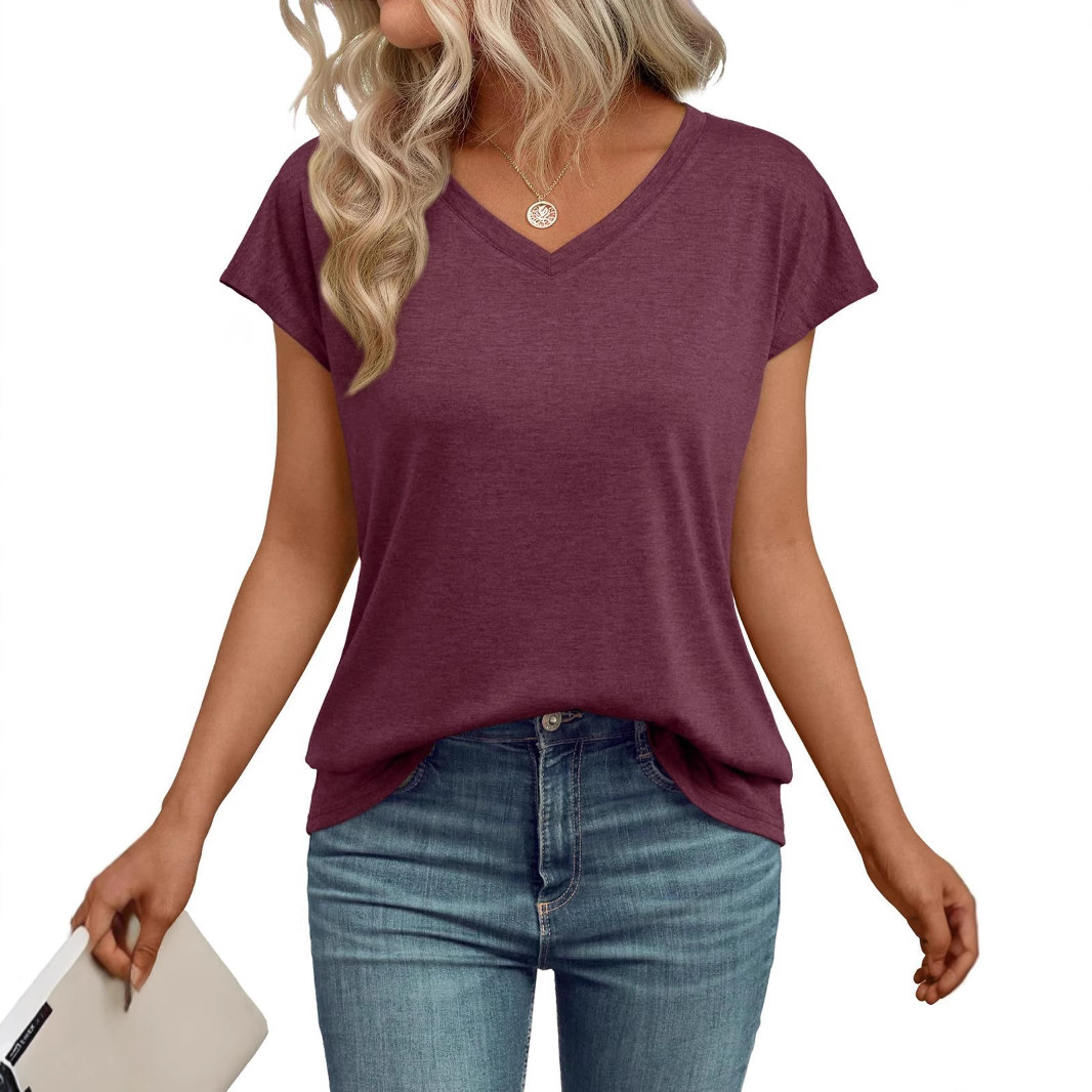 Women's Solid V-Neck Short Sleeve Loose Casual T-Shirt