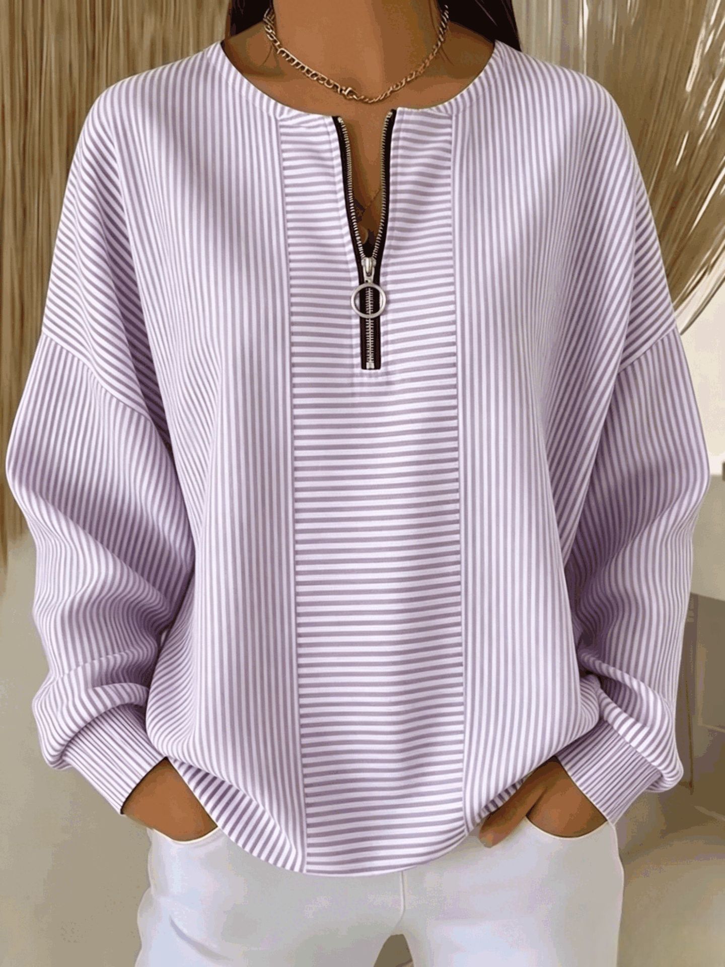 Striped Zip-Up Long Sleeve Loose Drop Shoulder Round Neck T-Shirt for Women