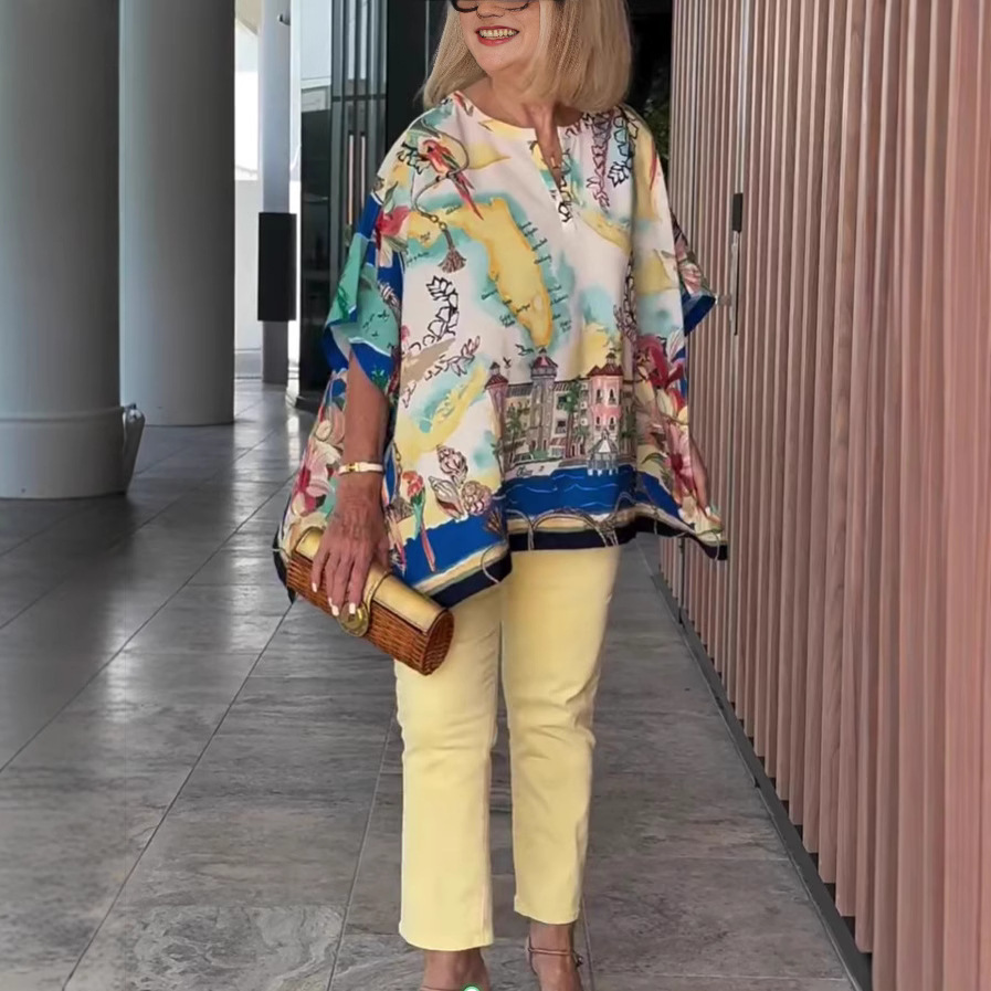 Women's Floral Print Short Sleeve V-Neck Midi Top Casual Loose Fit
