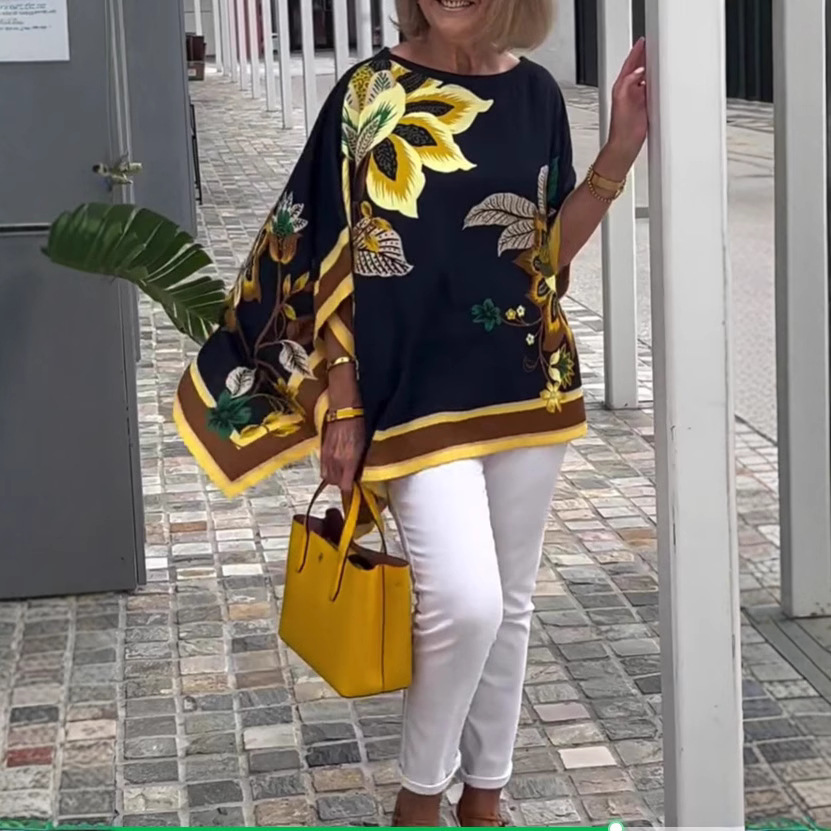 Women's Floral Print Short Sleeve V-Neck Midi Top Casual Loose Fit