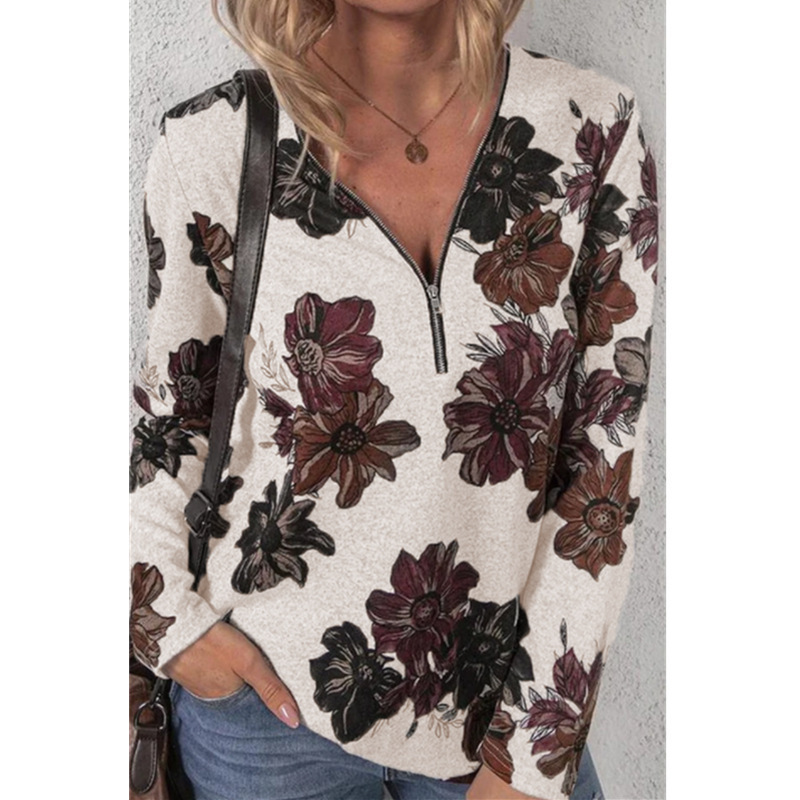 Women's Floral Print Zip Pullover Long Sleeve Loose T-Shirt Top
