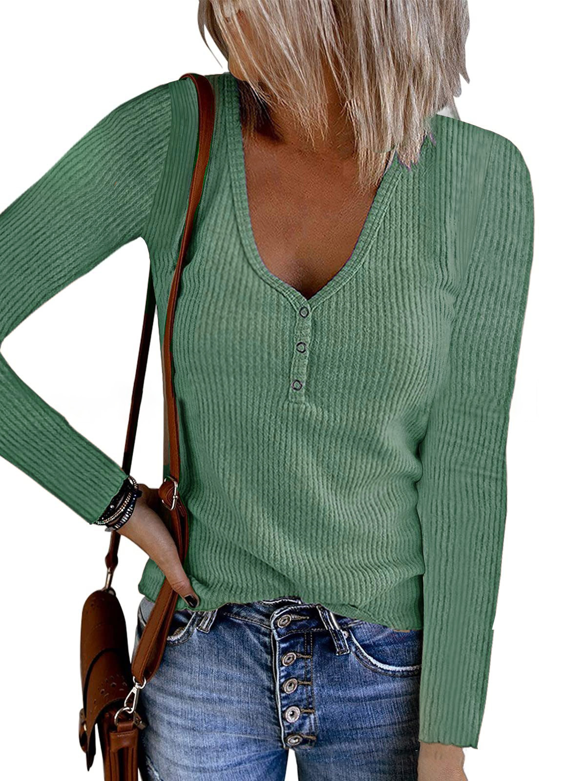 Women's V-Neck Button Long-Sleeve Solid Color T-Shirt