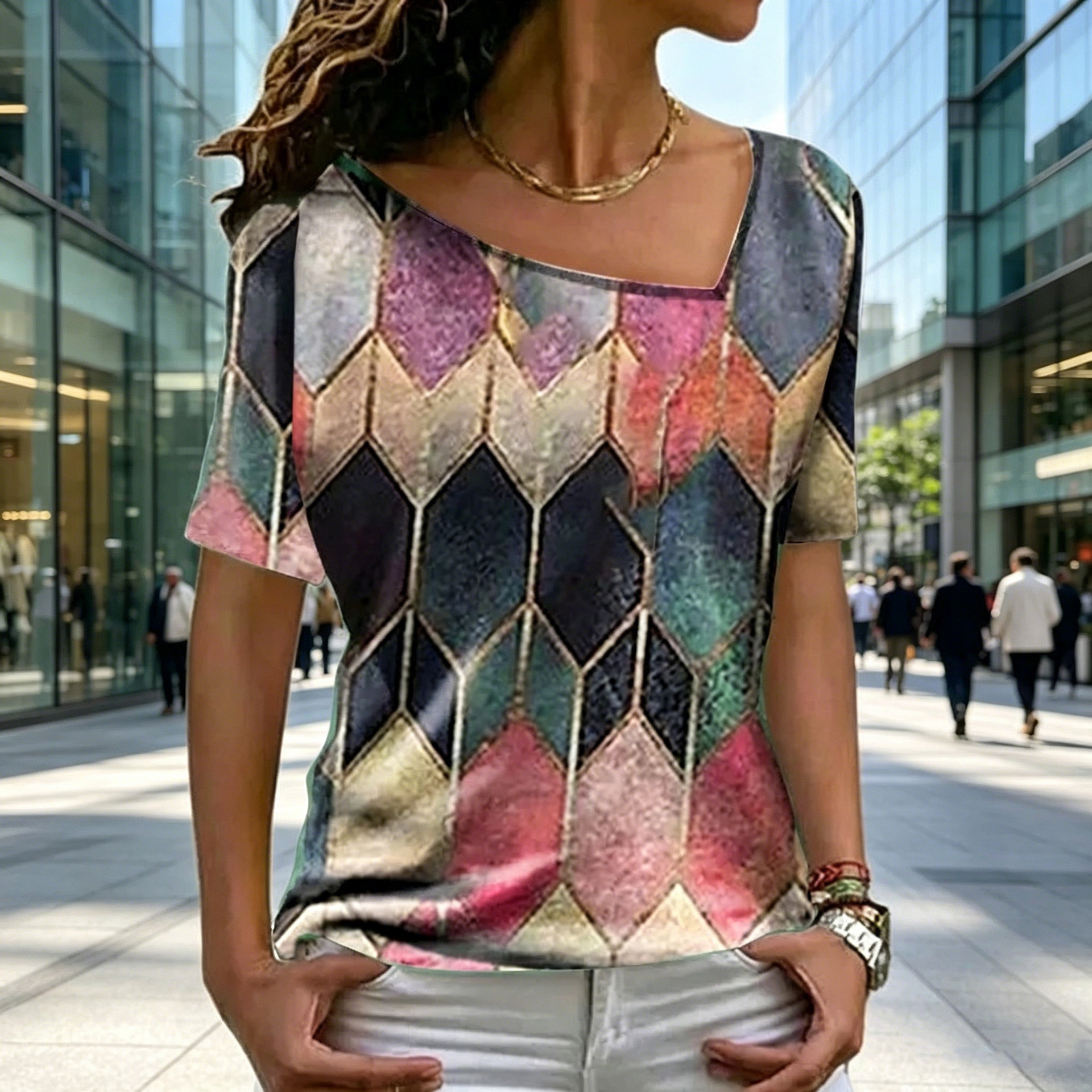 Women's Colorblock V-Neck Short Sleeve Printed Top T-Shirt