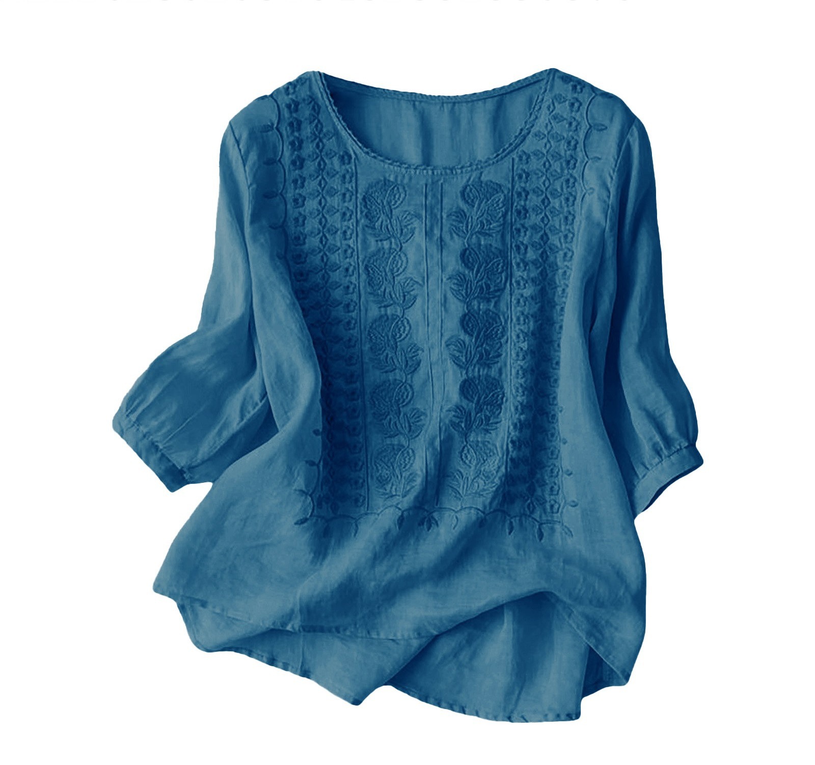Embroidered Loose Cotton-Linen T-Shirt Women's Retro Round Neck Short Sleeve