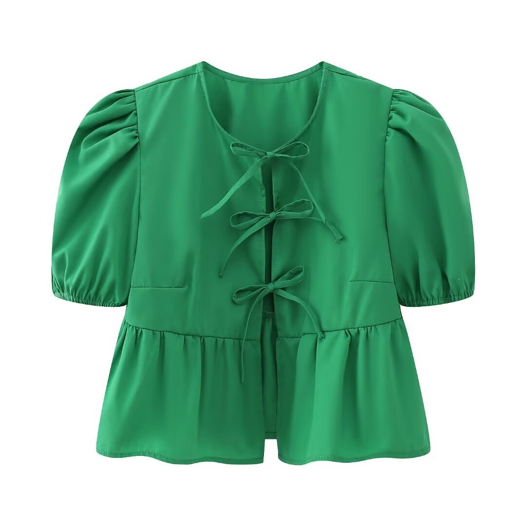 Women's Tie-Front Puff Sleeve Top