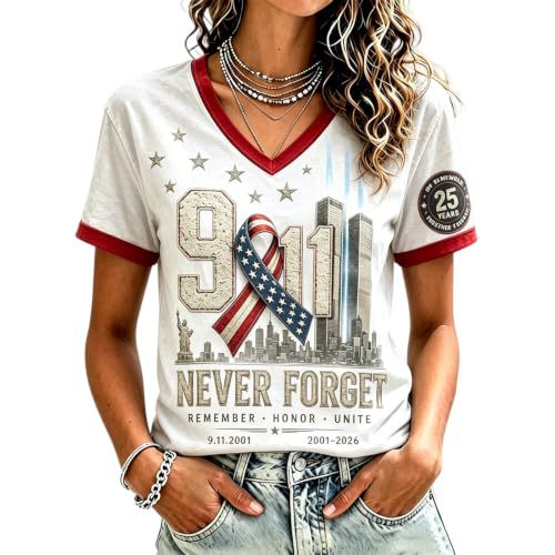 Twin Towers Anniversary Print V-Neck Short Sleeve Women's T-Shirt