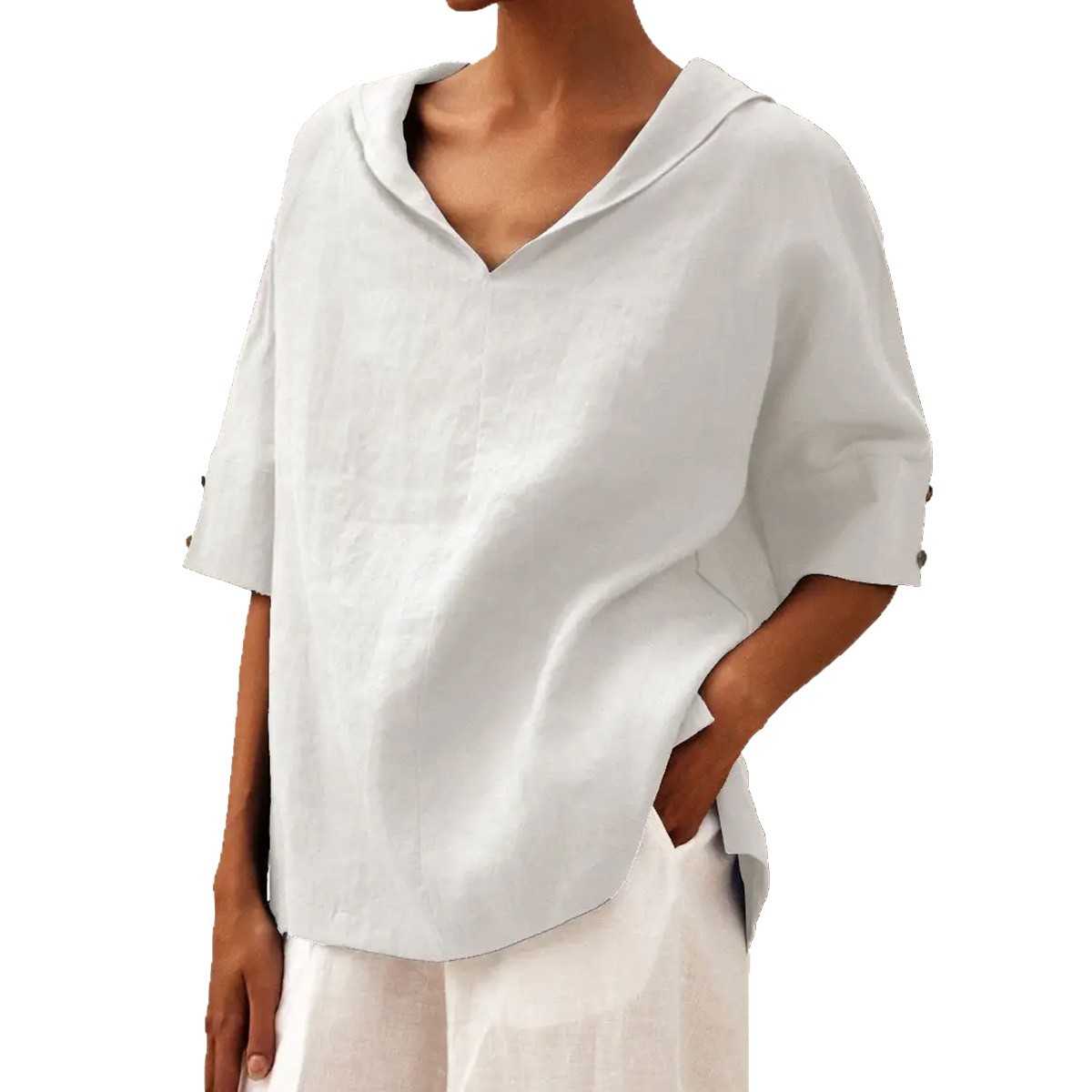 Women's Cotton-Linen Sailor Collar Loose Short-Sleeve Top