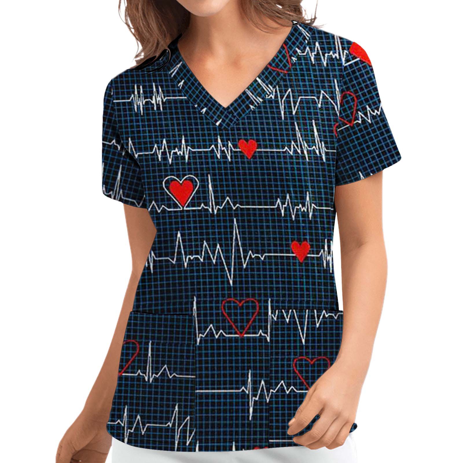 Digital Print Heart Short Sleeve Scrub Top V-Neck Loose Fit