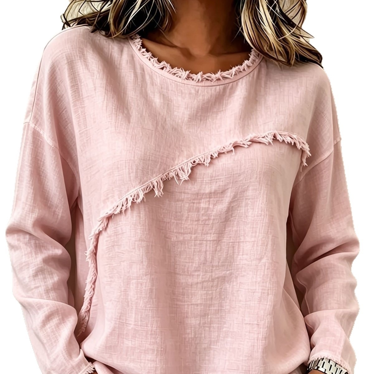 Women's Round Neck Faux Fur Trim Long Sleeve T-Shirt Solid Color Top