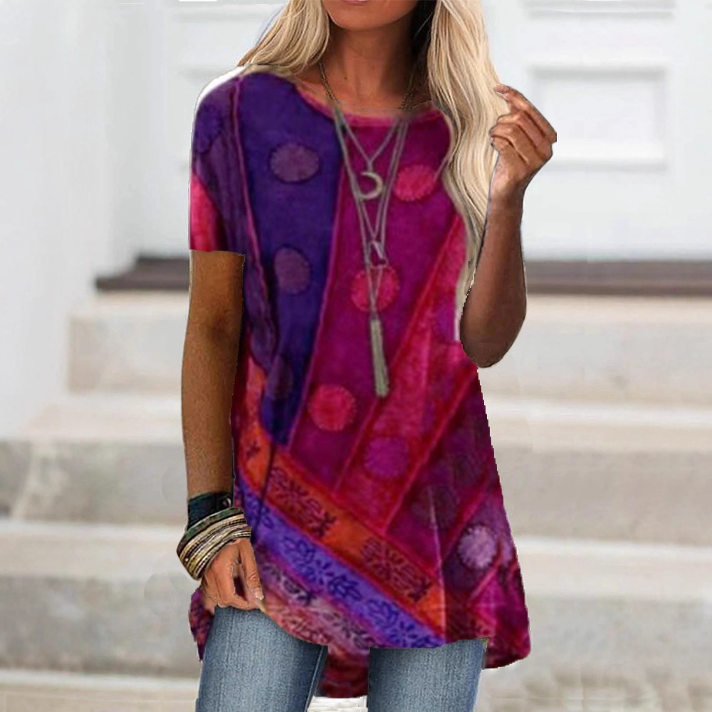 Women's Color-Block Striped Polka Dot Crewneck Short Sleeve Top
