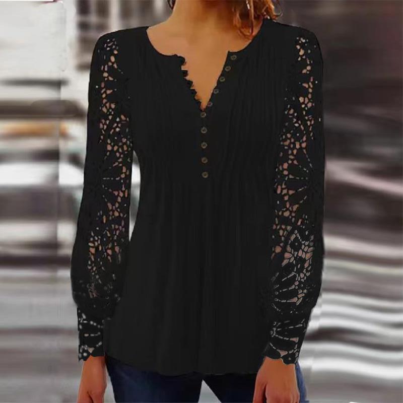 Women's Lace Trim Pleated Solid Button T-Shirt