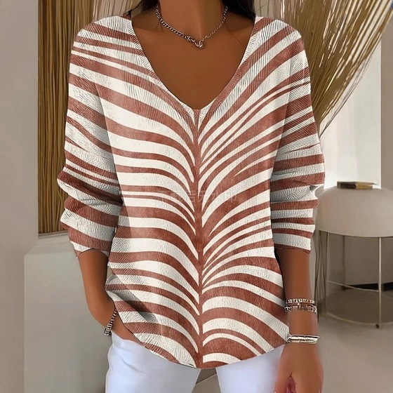 Colorful Leaf Striped V-Neck Long-Sleeve T-Shirt for Women