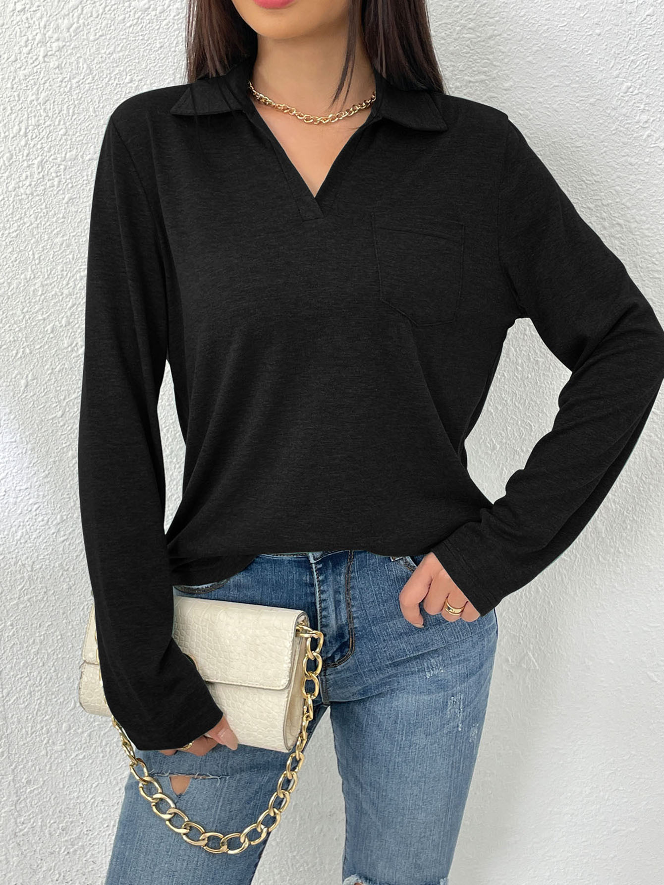 Women's Long Sleeve Solid Color Collared Loose Pocket T-Shirt