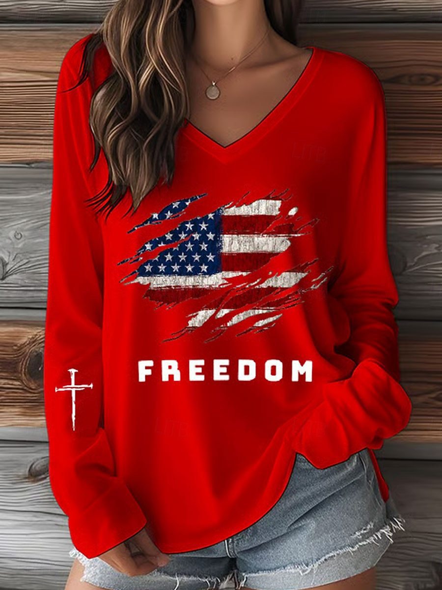 Cross Flag Freedom Print V-Neck Short Sleeve Women's T-Shirt