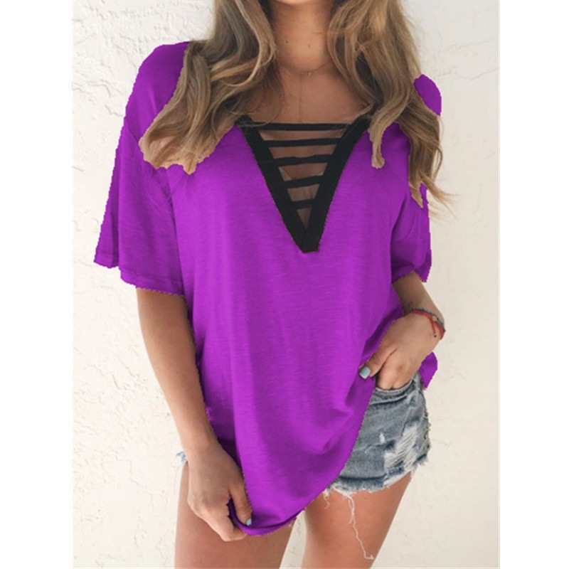 Women's V-Neck Short Sleeve T-Shirt Summer Plus Size Solid Color Top