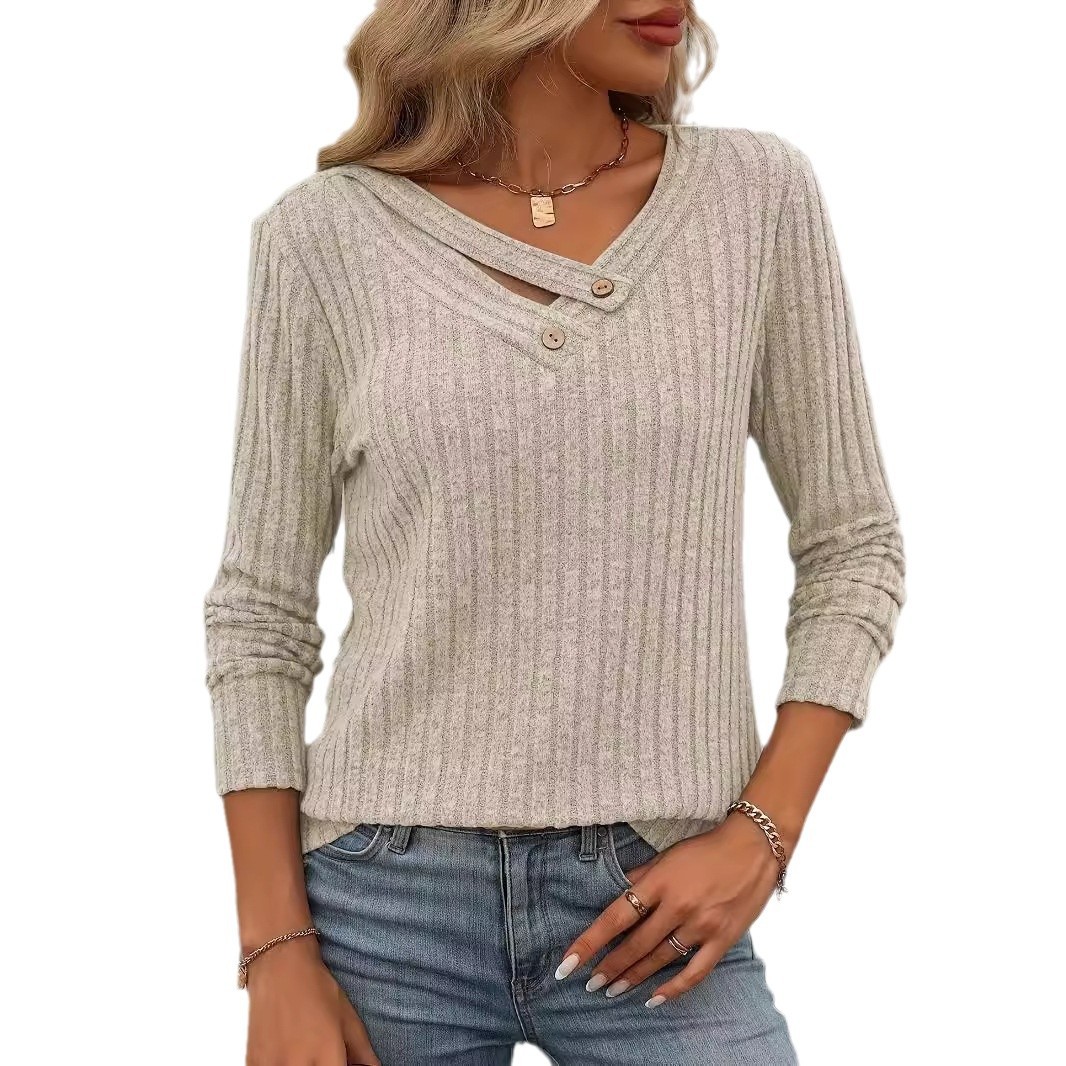 Women's V-Neck Button Knit Top Long Sleeve Slim Fit T-Shirt