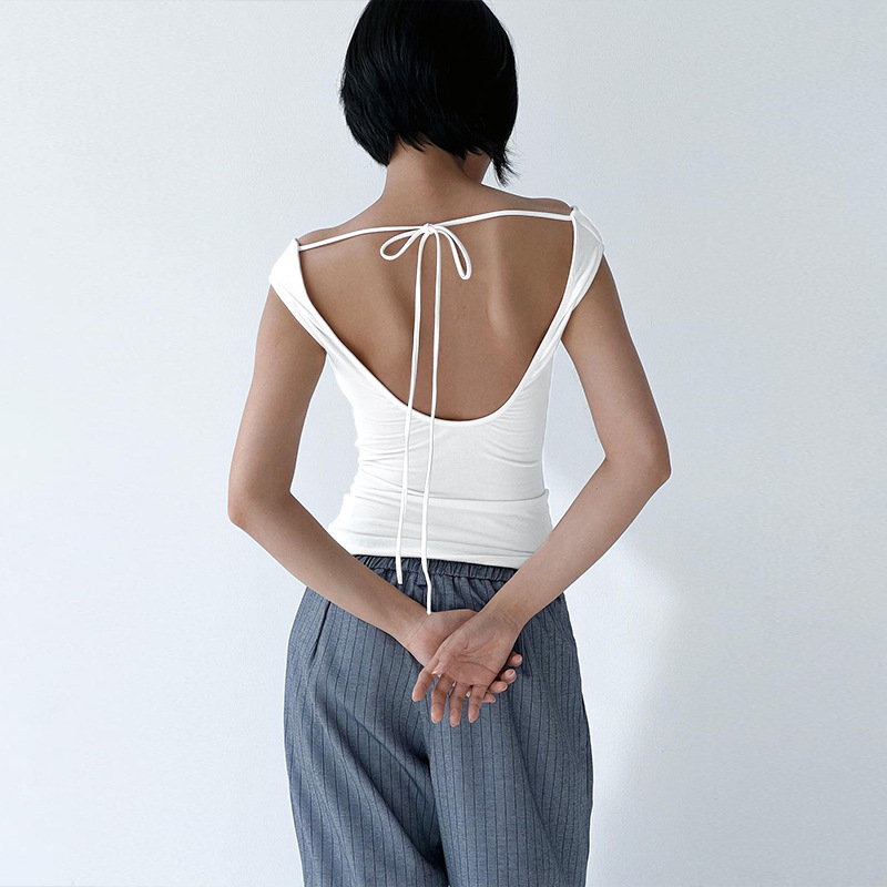Women's Solid Cowl Neck Sleeveless One-Shoulder Backless Tie Cami Top