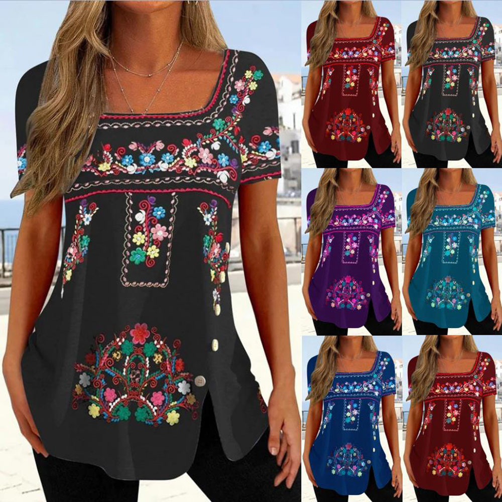 Women's Ethnic Floral Print Button Split Short Sleeve Top T-Shirt