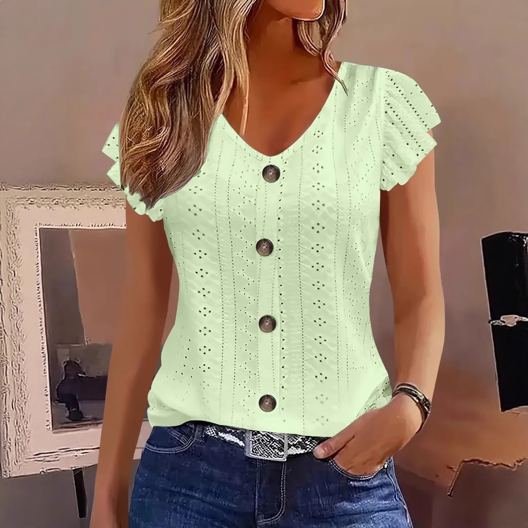 Women's Casual Solid Ruffle Sleeve V-Neck T-Shirt