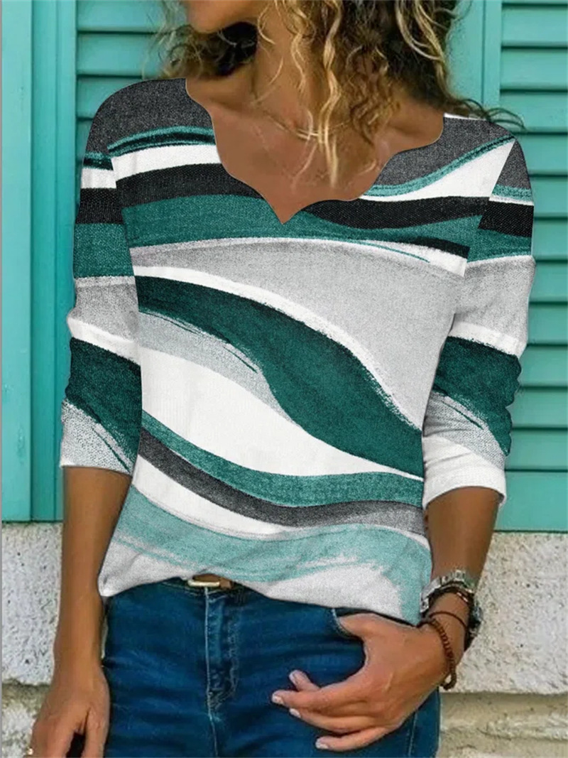 Geometric Print Long Sleeve Lace Collar T-Shirt for Women
