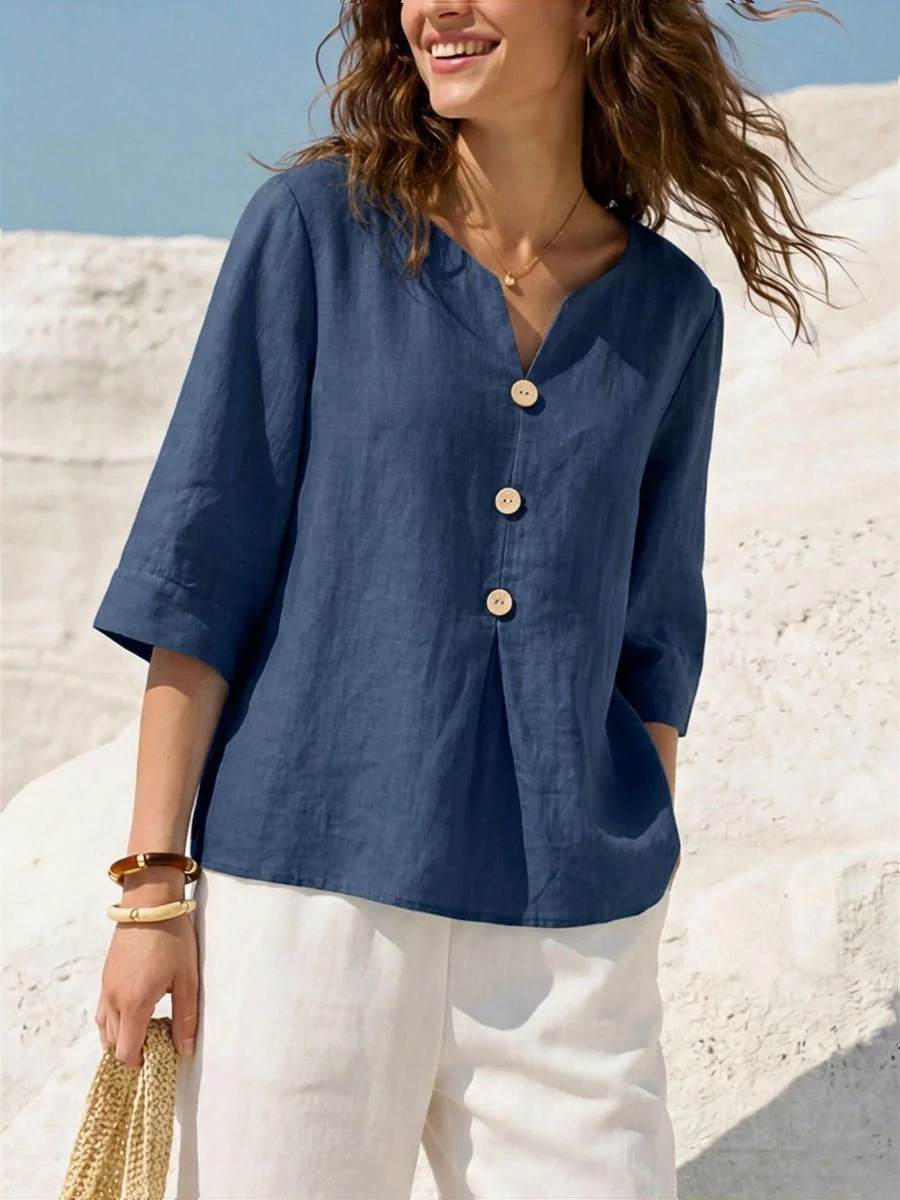 Women's Solid Color Cotton-Linen V-Neck Button T-Shirt Casual Loose Fit