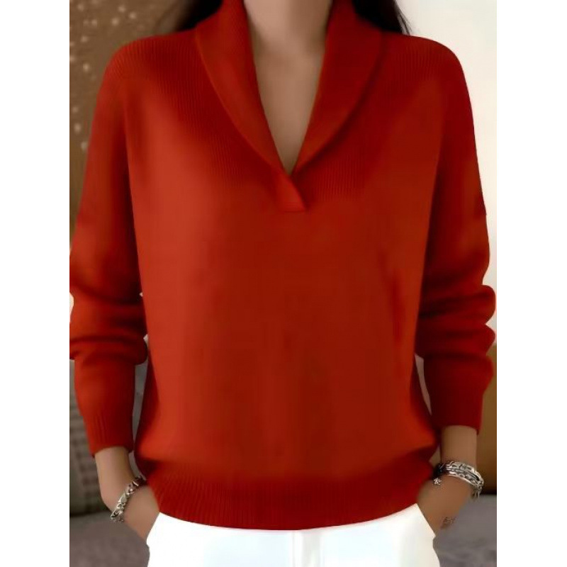 V-Neck Long Sleeve Knit Pullover Loose Solid Color Top