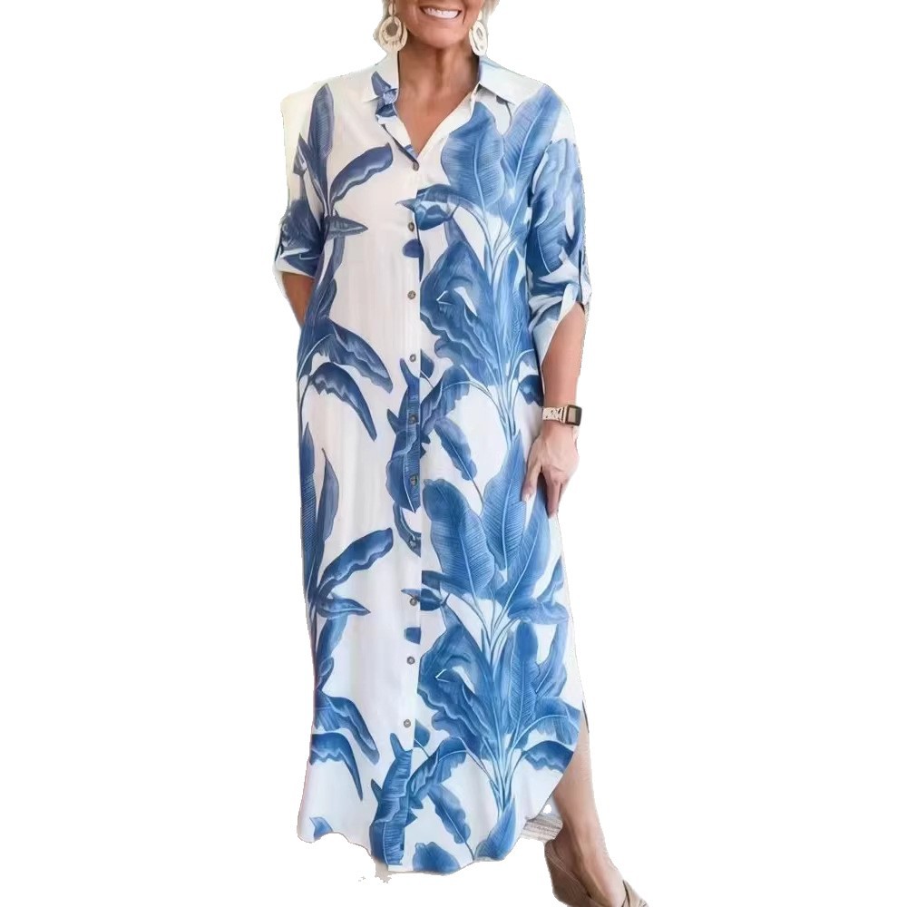 Women's Casual Loose Geometric Print Collared Half-Sleeve Plus Size Shirt Dress