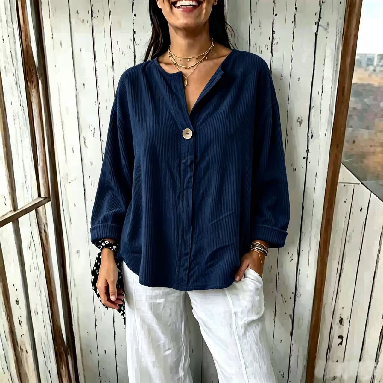 Women's Loose V-Neck Long Sleeve Corduroy Button-Up Top