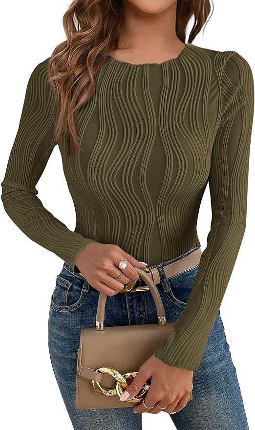 Women's Textured Crewneck Long Sleeve Slim Fit T-Shirt