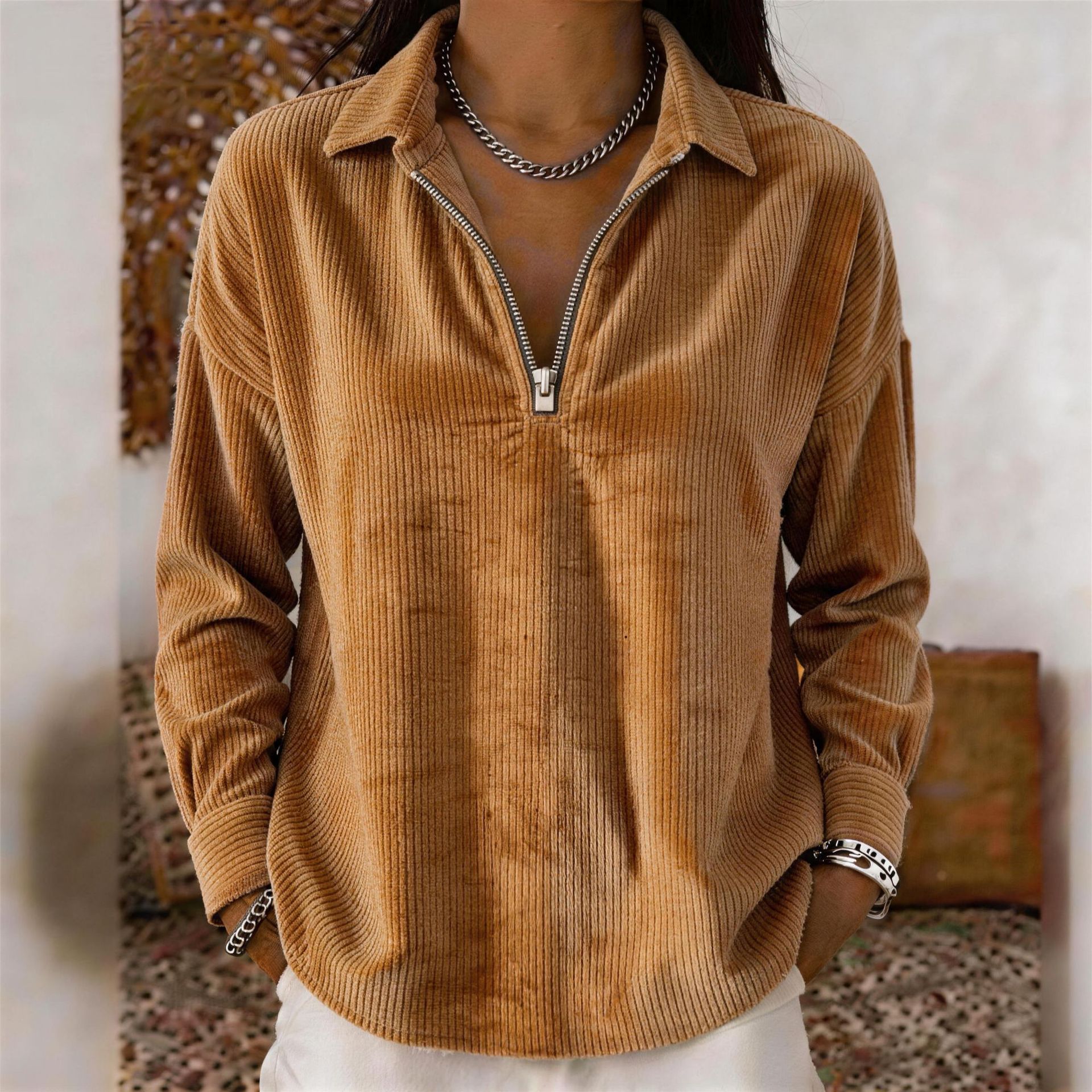 Corduroy Long-Sleeve Loose Collared Top