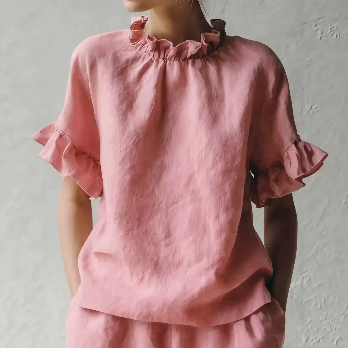 Women's Summer Solid Ruffle Short Sleeve Loose Casual Top