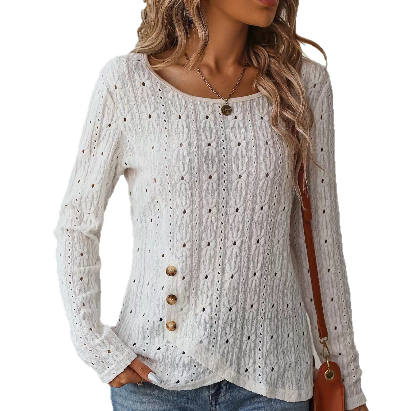 Women's Long-Sleeve Knit Jacquard Button Top