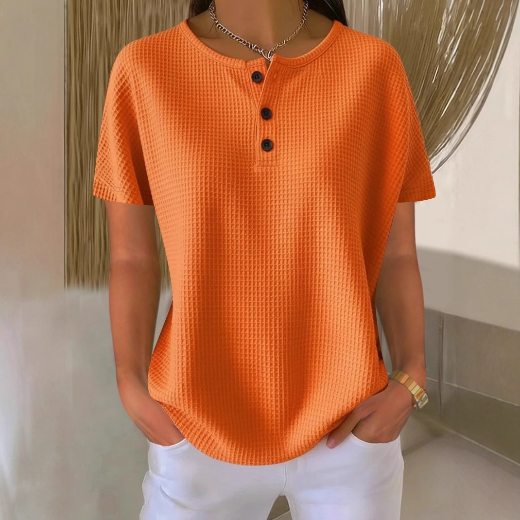 Waffle Knit Crewneck Short Sleeve Pullover Top