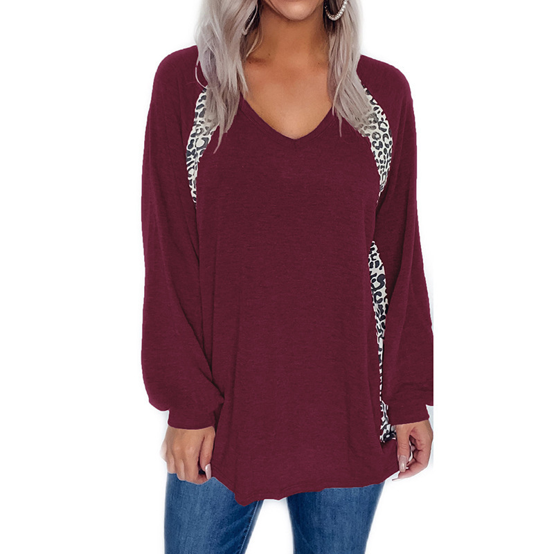 Women's V-Neck Leopard Colorblock Long Sleeve Loose Pullover T-Shirt